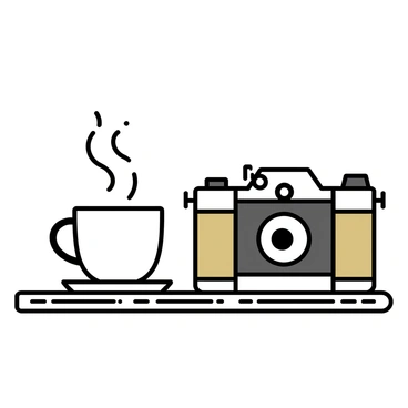 A white coffee cup with steam rising from it sits beside a vintage camera with a leather casing on a wooden desk. The desk has a warm, rich wood grain texture, showcasing its natural patterns. The camera features a large lens and dials, emphasizing its classic design. The coffee cup is placed slightly to the right of the camera, creating an inviting scene.