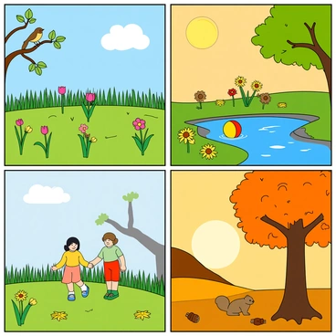A four-part illustration showcasing the transitions of nature through the four seasons. In the spring panel, vibrant green grass covers the ground, with a variety of colorful flowers blooming, such as pink tulips and yellow daffodils. A small brown bird is perched on a tree branch with fresh green leaves, and a bright sun shines in a clear blue sky.

In the summer panel, the scene features a lush, sunny landscape with tall grass and fully bloomed flowers in a range of colors. A group of children in bright clothing are playing with a beach ball beside a sparkling blue pond. The sun is high, casting warm light over the cheerful scene, and fluffy white clouds float lazily in the sky.

The autumn panel depicts a tree with leaves changing colors to shades of orange, red, and yellow. Piles of fallen leaves cover the ground, and a friendly squirrel is seen gathering acorns. A soft, warm light bathes the scene as the sun sets in the background, creating a cozy atmosphere.