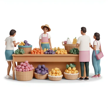 A bustling market stall with a wooden table covered in an array of vibrant vegetables and fruits. The stall features baskets overflowing with bright red tomatoes, deep green bell peppers, and golden corn. Juicy orange oranges and ripe bananas are artfully arranged next to a basket of rich purple eggplants. A vendor, wearing a straw hat and a colorful apron, is standing behind the stall, offering a friendly smile to customers. The scene is lively with shoppers browsing and inspecting the fresh produce.