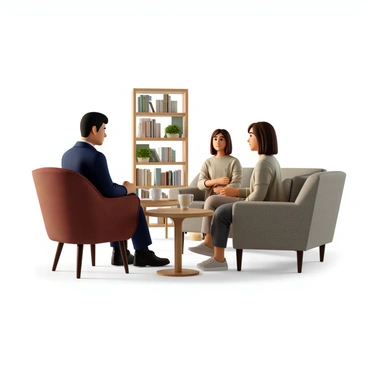 A psychologist with short, dark hair wearing a navy blue blazer sits in a comfortable armchair, facing a patient. The patient, a woman with long brown hair wearing a light sweater, sits on a plush sofa with a gentle expression. In the background, there is a bookshelf filled with various books and a small potted plant on a side table. Soft, warm lighting fills the room, creating an inviting atmosphere. A coffee mug rests on the table between them, adding to the cozy feel of the office.