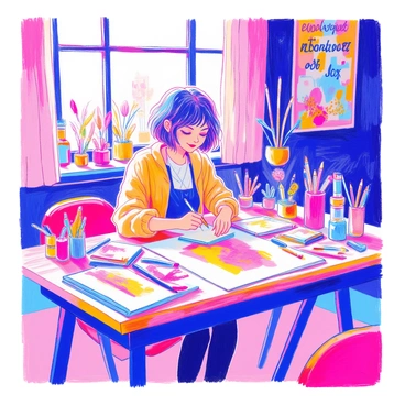 A boss girl with short, stylish hair is seated at a large wooden table in a colorful studio. She is surrounded by various art supplies including markers, colored pencils, and sketchpads. The table is covered with her sketches, showcasing vibrant and imaginative designs. The studio walls are adorned with inspirational quotes and vibrant artwork. A large window allows natural light to stream in, illuminating her creative workspace. She is focused and engaged, brainstorming ideas as she writes notes on a notepad beside her sketches.