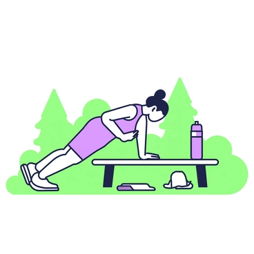 An individual is performing diamond push-ups using a park bench for support. The person is positioned in a plank stance with their hands forming a diamond shape beneath their chest. The park bench is located in a grassy area, surrounded by trees. The individual is dressed in a fitted athletic shirt and shorts, focusing intently on their exercise. Their feet are elevated, resting on the ground while their body remains straight. Nearby, a water bottle and a towel are placed on the ground, indicating a workout session.