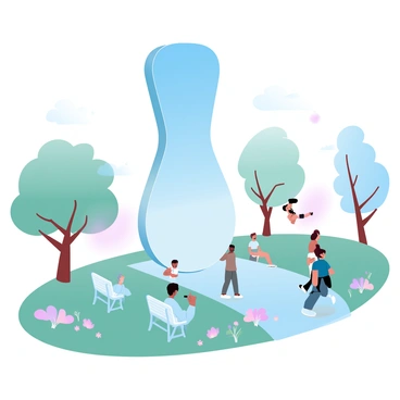 A giant guitar pick sculpture stands prominently in a park, designed to attract visitors for photography. The sculpture is oversized and vivid, towering above nearby park benches and lush green grass. Surrounding the sculpture are various trees, their branches gently swaying in the breeze. A path leads up to the sculpture, lined with colorful flowers that add vibrancy to the scene. People are gathered around the sculpture, capturing moments with their cameras. The overall atmosphere is welcoming and lively, encouraging interaction and enjoyment.