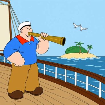 Popeye, a muscular sailor with a signature sailor's hat and a pipe in his mouth, stands confidently on the wooden deck of a ship, which has ropes and sails in the background. He wears a blue shirt with a red collar and brown pants. In his right hand, he holds a large brass telescope, directing it towards a distant green island with palm trees and a sandy beach. The ship's railings are visible and there are seagulls flying above in a clear blue sky. The ocean waves are gently lapping against the ship's hull.
