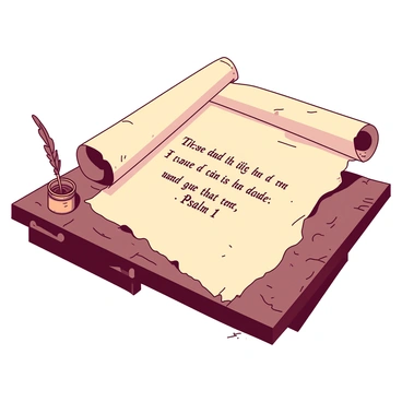 An aged parchment scroll is unrolled on a rustic wooden table, revealing elegant handwritten text that includes the first verse of Psalm 1. The scroll is slightly weathered, with frayed edges and faint ink smudges that hint at its long history. The background features a soft, warm light illuminating the scroll, casting gentle shadows. In the corner of the table, there is a small ink pot and a quill, suggesting the artistry of ancient writing. The overall scene evokes a sense of reverence and antiquity centered around the scroll's message.