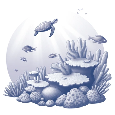 An underwater scene featuring a vibrant coral reef teeming with marine life. Various types of coral in intricate shapes and textures fill the composition. Several fish of different sizes and species swim through the scene, showcasing their unique forms. A sea turtle glides gracefully above the reef, while a school of small fish dart around the coral. Sunlight filters down from the surface, creating patterns in the water. The scene is rich with detail and natural interactions among the marine creatures.