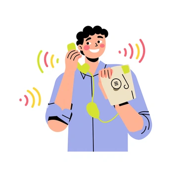 A person with short, wavy hair is smiling while holding a vintage rotary telephone to their ear. The person is wearing a light blue shirt with rolled-up sleeves. Surrounding them are colorful soundwaves of varying shapes and sizes, radiating outwards in shades of red, yellow, green, and blue. The background is a soft white, enhancing the vibrancy of the soundwaves.