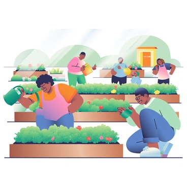 A vibrant community garden is located in a Chicago neighborhood, filled with a variety of plants and flowers. Several residents are actively tending to their plots, each engaged in different gardening tasks. One resident, a woman with dark curly hair, is watering her tomato plants with a green watering can. Nearby, a man with glasses is kneeling down, carefully pulling weeds from his row of carrots. Another person, a young girl with braids, is excitedly picking brightly colored peppers from a bushy plant. In the background, wooden raised beds filled with herbs and flowers create a patchwork of colors, and a small shed is visible, painted in a cheerful yellow. Sunlight streams down, illuminating the joyful scene of community engagement in gardening.