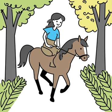 A brown horse with a glossy coat, trotting gently along a narrow path lined with vibrant green ferns and tall, lush trees. The rider, a young woman wearing a light blue shirt and brown riding pants, sits comfortably in the saddle, holding the reins lightly. Sunlight filters through the dense canopy, creating dappled patterns on the ground. The background features a variety of trees with thick trunks and sprawling branches, enhancing the sense of a peaceful forest.