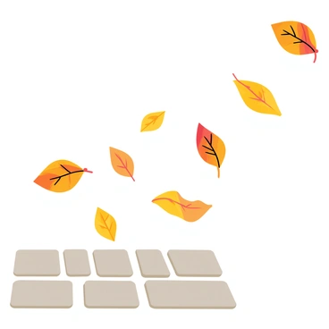 Colorful leaves in shades of orange, red, and yellow are being carried by a gentle breeze. The leaves swirl and dance as they move across a rustic cobblestone street. The cobblestones are gray with a slightly worn texture, creating a contrast with the vibrant colors of the leaves. A few leaves are caught mid-air, showcasing their unique shapes and intricate veins, while others settle lightly on the stones. The scene captures the dynamic movement of nature interacting with the urban environment.