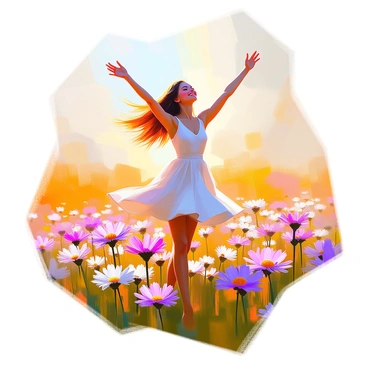A person dancing joyfully in a field filled with colorful aster flowers