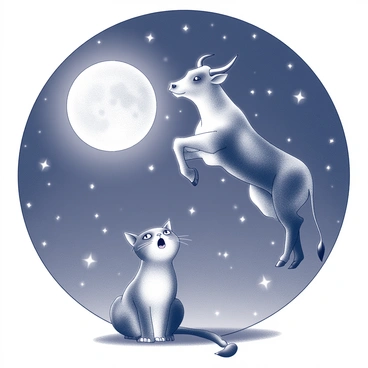 A night sky filled with stars and a large, luminous moon prominently positioned near the center. A cow is depicted mid-leap, seemingly soaring over the moon with its legs extended. Below, a cat sits comfortably, gazing upwards with an open mouth as if singing, surrounded by softly glowing stars. The overall composition captures the whimsical interaction between the cow and the cat.