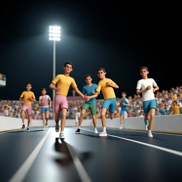 A night-time relay race takes place under bright stadium lights. The scene shows several runners, each wearing vibrant athletic gear, including fitted tops and shorts, along with running shoes designed for speed. The runners are in dynamic poses, showcasing their determination as they pass the baton in a smooth exchange. Their faces reflect a mix of focus and excitement, highlighting the competitive atmosphere. The ground is a dark track, glistening slightly from the lights above, while the surrounding stands are filled with cheering spectators, adding to the energetic ambiance of the race.