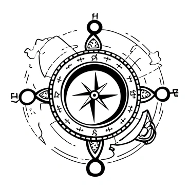 An antique compass is placed prominently in the center of the image, showcasing intricate ornate details on its surface. The compass features detailed engravings of a compass rose and decorative patterns surrounding it. The needle points decisively in a specific direction, while the outer casing is embellished with filigree designs. Surrounding the compass, there are delicate lines suggesting a map in the background, with faded outlines of continents and subtle coordinate markings.