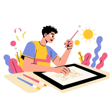 An artist sitting at a wooden desk with a large tablet in front of them is focused on creating digital illustrations. The artist has short, curly hair and is wearing a colorful t-shirt. Surrounding the tablet are vibrant splashes of color, including bold reds, bright blues, and sunny yellows, which are depicted in abstract shapes and patterns. Several brushes and digital pens are scattered on the desk. The artist's expression is one of concentration as they work on a detailed illustration displayed on the tablet screen.