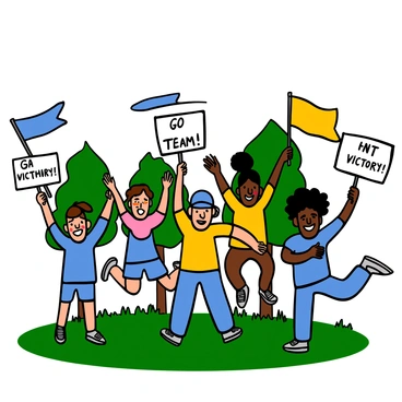 A group of enthusiastic fans in a park, wearing bright team colors such as blue and yellow. They are waving flags and holding signs that say "Go Team!" and "Victory!" Some fans have face paint in their team's colors. There are three light-skinned fans, one with short brown hair, another with long wavy hair, and one with a baseball cap. Two dark-skinned fans are jumping with excitement, and one has curly hair. Everyone has big smiles as they cheer for their flag football team, surrounded by green grass and trees in the background.