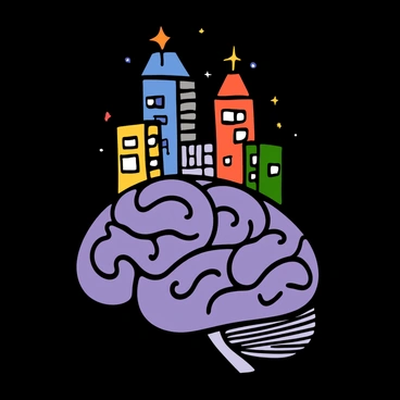 A large, detailed brain with intricate folds and textures sits at the center of the image. The surface of the brain is covered with vibrant skyscrapers of various heights, each adorned with colorful city lights that illuminate the brain's surface. The skyscrapers are reflecting off the curves of the brain, creating a dynamic interplay of light and shadow. The city lights twinkle in bright hues of blue, red, and yellow, enhancing the urban feel of the composition. A dark background contrasts with the brightly lit brain, emphasizing its unique and imaginative structure.