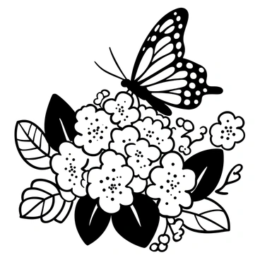 A colorful butterfly landing on a cluster of blooming hydrangeas in a lush garden.