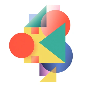 An assortment of geometric shapes in bold colors is arranged on a white background. Circular shapes in bright red and deep blue overlap with angular triangles in vivid yellow and emerald green. Several rectangles in various sizes, including orange and purple, intertwine with the other shapes. The colors are vibrant and striking, creating a dynamic interaction between the overlapping forms. Each shape maintains sharp edges and distinct lines, enhancing the visual complexity of the composition.