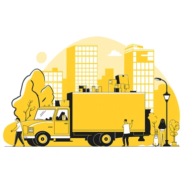 A large moving truck is parked on a busy city street, taking up a lane. The truck has an open back, revealing stacked boxes and packing supplies. People are walking on the sidewalk nearby, some carrying bags, while others are chatting. There are several tall skyscrapers in the background, with glass windows reflecting the sunlight. A streetlamp stands beside the truck, and a couple of trees line the street, adding a touch of greenery to the urban scene.