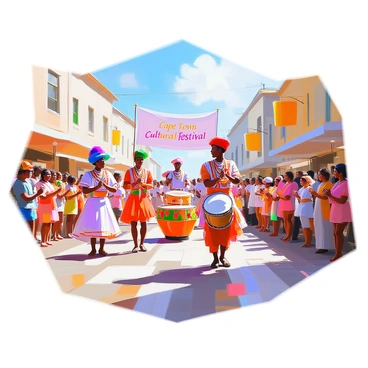 A vibrant cultural parade in Cape Town showcasing a variety of traditional costumes. Participants are dressed in colorful garments adorned with intricate patterns, representing the rich heritage of the region. Some individuals are carrying large banners with "Cape Town Cultural Festival" written on them, while others are playing traditional musical instruments such as drums and flutes. The streets are lined with enthusiastic spectators, clapping and dancing along to the rhythm of the music. Brightly colored floats, decorated with flowers and beads, move through the crowd, highlighting local art and craftsmanship. The sun shines down, illuminating the lively atmosphere of celebration.