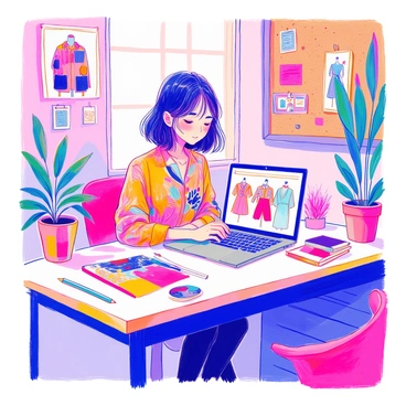 A girl with shoulder-length dark hair is seated at a modern desk, focused on her work. She is wearing a brightly colored blouse adorned with bold patterns. On the desk, there is a laptop open to a fashion design application displaying various vibrant clothing designs. Around her are swatches of fabric in a variety of colors, along with sketches pinned to a corkboard in the background. A potted plant sits nearby, adding a touch of green to the creative workspace.
