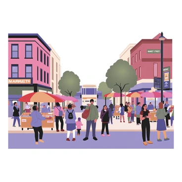 A digital flat illustration depicting "Market Street" in Philadelphia filled with activity. The scene features a variety of "street vendors" with colorful umbrellas and carts selling food, such as pretzels and hotdogs. There are a diverse group of "pedestrians" walking along the sidewalk, some engaged in conversations, while others are browsing the stalls. The architecture of the buildings lining the street is distinctly Philadelphia, showcasing red brick and large windows. In the background, a few trees add greenery to the urban setting. "Market Street" is clearly visible on a street sign, and a bus is seen driving down the road.