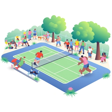 A padel court is situated in a bustling city park surrounded by lush green trees. On the court, two players are engaged in an energetic match, one wearing a red shirt and the other in blue. Spectators are gathered around the court, watching intently. In the background, several people are walking their dogs along a paved path. Some dogs are playful and excited, while their owners chat and enjoy the sunny day. The park is filled with vibrant plants and flowers, adding to the lively atmosphere.