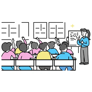 A university lecture hall with rows of students sitting at wooden desks. The students of all genders are engaged in discussion, raising their hands to contribute. Some students are taking notes, while others are leaning forward, showing interest. The lecturer stands at the front, pointing to a whiteboard filled with notes and diagrams. Natural light streams in through large windows, illuminating the space. The atmosphere reflects an active and inclusive learning environment.