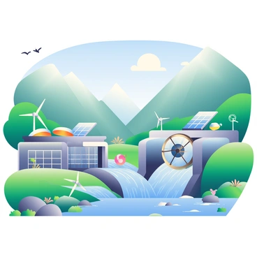 A futuristic hydropower plant is situated in a lush green valley surrounded by mountains. The plant features large, transparent turbines with a sleek, silver finish, gracefully harnessing the flowing water from a nearby river. The structure of the plant is composed of modern materials, with sharp lines and smooth curves that blend into the natural landscape. Solar panels are installed on the roof, reflecting sunlight, and there are small wind turbines positioned nearby. The scene is vibrant with various plants and flowers growing around the facility, while birds can be seen flying in the clear blue sky above.
