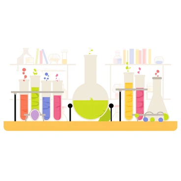 A laboratory setup featuring several test tubes arranged on a wooden workbench. The test tubes are filled with colorful liquids, some are bubbling and emitting small clouds of vapor. There are metal stands holding the test tubes securely in place. A large, round flask positioned in the center is also bubbling energetically, with bright green liquid spilling slightly over the edge. Scattered around the bench are various scientific tools like a glass stirrer and a pair of safety goggles. The background includes shelves filled with books and additional glassware.