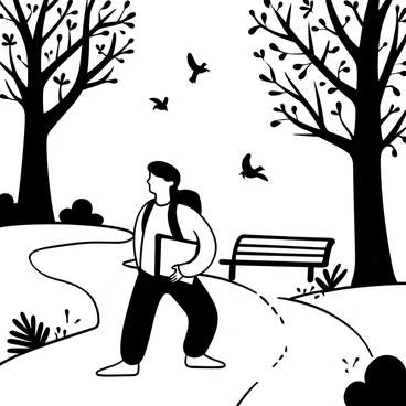 A student with a backpack is walking along a winding path in a park, holding a sketchbook open in one hand. Trees with intricate branches frame the scene, their leaves creating a natural canopy above. The ground is dotted with various types of plants and bushes. Nearby, a bench is unoccupied, hinting at a peaceful atmosphere. A few birds are perched on branches, while others are in flight, creating a sense of movement in the air. The student appears focused, glancing at their surroundings as they gather ideas for their illustrations.