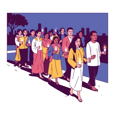 A group of diverse individuals is walking together in a line, each holding a lit candle during a night-time event. The flames from the candles are glowing softly, illuminating the faces of the participants, which express a sense of solemnity and determination. The people are dressed in a variety of traditional and modern clothing. In the background, there are faint outlines of trees and buildings, adding depth to the scene. The atmosphere conveys a strong sense of community and shared purpose among the individuals as they walk forward together, united in their intention.