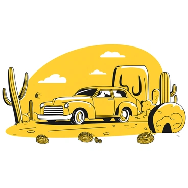 An express car in a wild west setting, speeding past tumbleweeds and cacti