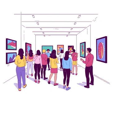A white exhibition hall filled with vibrant student illustrations displayed on the walls. Various colorful frames surround the artwork, showcasing the creativity of the students. A group of people, consisting of men and women of diverse backgrounds, are standing in front of different pieces, actively admiring the details. Some individuals are taking notes, while others are discussing the artwork with enthusiasm. Soft lighting highlights the illustrations, creating a welcoming atmosphere for viewers.