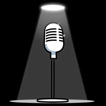 A sparkling microphone, reflecting light with glimmers, is positioned on a sleek black stand. The microphone has a classic design, with a rounded head and a matte silver finish. It stands tall under a focused spotlight that highlights its features, casting a soft glow around it. The background is minimalistic and dark, accentuating the microphone's shine and the bright beam of light above it.
