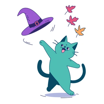 A small duotone teal mog is jumping in the air, reaching out with its paw to catch a flying purple witch's hat that has been blown off by the wind. The hat is hovering just above the mog's head, and you can see the wind creating a slight swirl around it. The background features a few autumn leaves lifted off the ground by the breeze, adding to the dynamic scene. The mog's eyes are wide with excitement, and its fur is slightly ruffled from the air movement.