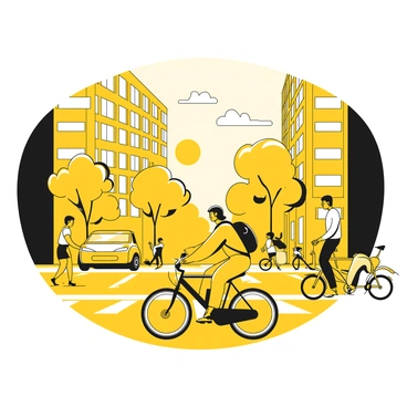 A person riding an electric bike through a busy city street. The rider is wearing a helmet and a jacket, with a backpack slung over one shoulder. Surrounding the rider are tall buildings, with windows reflecting the early morning light. There are other cyclists and pedestrians sharing the road, and a few cars can be seen in the background. The sky above is brightening, hinting at the sunrise, while the street is bustling with activity.