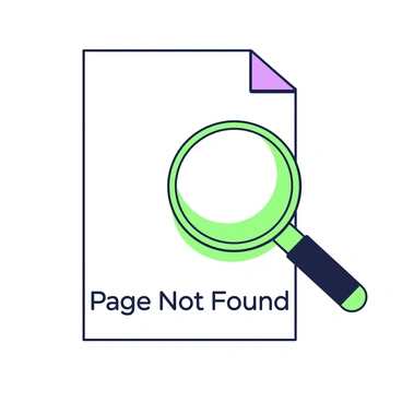 A magnifying glass focusing on a blank page with 'Page Not Found' written in the corner