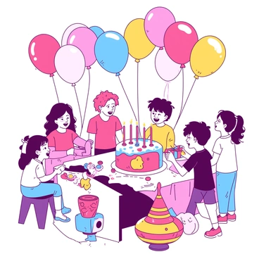 A group of children is gathered at a vibrant birthday party. The scene is filled with colorful balloons in various shapes and sizes, floating above the delighted children. There is a large round cake on a table, decorated with bright frosting and topped with candles ready to be lit. The children are playing games, with one child holding a small wrapped gift while others eagerly gather around a pinata filled with candy. The atmosphere is lively, filled with laughter and excitement as the party unfolds.