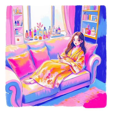 A girl with long, straight brown hair is lounging comfortably on a plush, oversized sofa. She is wearing a stylish, flowing robe with intricate patterns. The room is filled with various beauty products, including colorful nail polishes, sleek bottles of perfume, and neatly arranged skincare items on a vanity. Soft, warm lighting creates a cozy atmosphere, and there are plush cushions scattered around the sofa. A small bookshelf in the background contains neatly stacked books and a few decorative items.