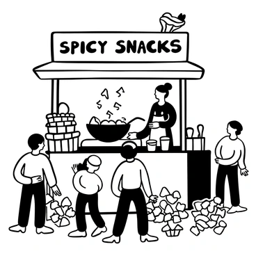 A street food stall filled with various spices and ingredients scattered around. A vendor stands behind the counter, busy at work, frying an assortment of snacks in a large pan. The vendor wears an apron and is carefully adding spices to the bubbling oil. There are baskets filled with freshly made snacks on the stall, and steam rises from the cooking area. Customers are gathered around, eagerly watching and waiting to taste the food. Various utensils and containers are arranged neatly on the stall, adding to the bustling atmosphere. A sign above the stall displays the words "Spicy Snacks".