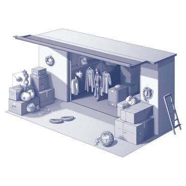 A garage with a wide-open door, revealing an assortment of seasonal decorations organized around the space. On one side, there is a collection of Halloween costumes neatly hung on racks, showcasing various styles including witches, skeletons, and superheroes. Nearby, stacks of cardboard boxes overflow with holiday decorations. Strings of Christmas lights are coiled on the floor, some still in their packaging, while others are draped over shelves and tools. A corner of the garage features a small ladder leaning against a wall, with a few holiday-themed wreaths resting nearby. The overall scene is filled with an inviting clutter, capturing the essence of festive preparations.