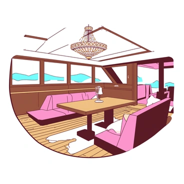 The interior of a yacht features plush seating in rich fabrics, arranged around an elegant polished wood table. Above, there is a sparkling chandelier that casts a warm glow across the space. The polished wood finishes on the walls and flooring reflect light, enhancing the luxurious atmosphere. Large windows allow sunlight to stream in, creating an inviting ambiance throughout the yacht's interior.