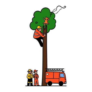 A firefighter with light skin, resembling Vadivelu, is climbing a tall tree to rescue a small orange cat. The firefighter is wearing a bright yellow helmet, a red fire-resistant jacket, and black pants. Below, a red fire truck is parked with its lights flashing, and other firefighters are standing by, looking up at the tree. The scene captures the sense of urgency, with the cat clinging to a branch, and the firefighter reaching out to save it. The background includes green leaves and a bright blue sky.