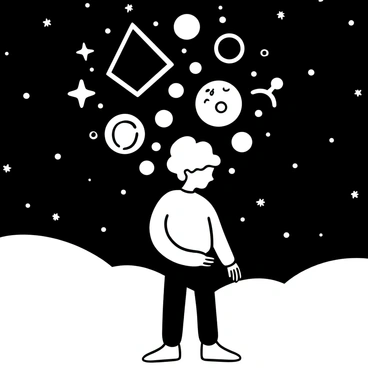 A person with wavy hair stands with their silhouette visible, surrounded by various geometric shapes such as triangles, circles, and squares floating around the head. Each shape varies in size and orientation, creating a dynamic arrangement. The background features numerous stars scattered across a dark sky, forming a contrast with the shapes and the figure.
