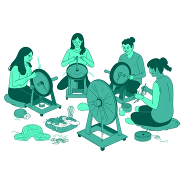 A teal group of friends is gathered in a circle, each member focused on their own spinning wheel. The spinning wheels are made of wood, with intricate designs and are in various shades of white. Each friend is engaged in creating yarn, with colorful strands of yarn spilling from the wheels. Some friends are chatting and smiling, while others are concentrating intently on their work. The scene is filled with lively energy as they collaborate and share tips on spinning. The floor beneath them is covered with soft, white fabric where they sit comfortably.