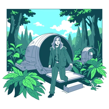 A character dressed in a futuristic suit is stepping out of a metallic time machine that has an intricate design. The time machine is surrounded by vibrant, oversized ferns and towering ancient trees in a prehistoric jungle. The character has a look of awe on their face as they take in the lush greenery and exotic plants. In the background, there are distant sounds of wildlife, and the atmosphere is filled with thick, misty air. Sunlight filters through the dense canopy, casting dappled light on the ground.