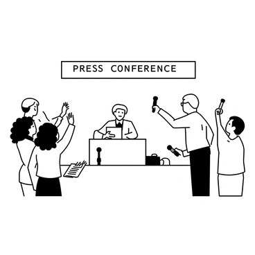 A press conference taking place in a large room with a long table in the center. A speaker is sitting at the table, looking composed and holding a stack of papers. Several journalists are positioned in front of the table, each raising their hands to ask questions. One journalist, a woman with curly hair, is leaning forward with a notepad in her hands, ready to ask a question. Another journalist, a man with glasses, is adjusting his microphone. Behind them, a large banner displays the words "Press Conference" in bold letters. The atmosphere appears tense as the journalists are focused on the speaker, reflecting a sense of urgency and determination.