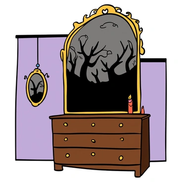 A large, ornate mirror with a golden frame is positioned on a wooden dresser in a dimly lit room. The glass surface of the mirror reflects an eerie scene: a dark, shadowy forest with twisted trees and an overcast, cloudy sky. In the reflection, a pale mist swirls around the base of the trees, adding to the unsettling atmosphere. The original room features soft, muted colors, with vintage decor and a flickering candle on the dresser. The contrast between the warm room and the chilling reflection creates a sense of mystery and intrigue.